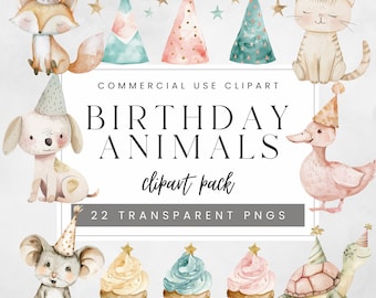 Watercolor Birthday Party Animals Clipart Bundle, Cakes and Cupcakes PNG, Baby Animals Nursery, Kids Party Graphics, Greeting Card Images