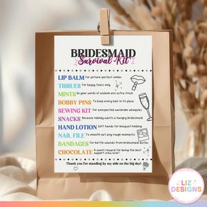 Bridesmaid Survival Kit Tag Printable, Wedding Day Emergency Kit Bag Tag, Bridal Party Favor, Bachelorette Party Gift, Hens Party Gifts