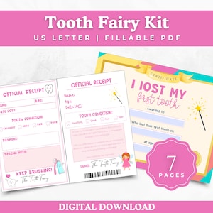 Reçu de la fée des dents rose imprimable, certificat de première dent perdue, lettre de la fée des dents pour enfant, dossier dentaire, visite officielle de la fée des dents