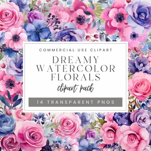 Pack clipart fleurs aquarelle bleu rose violet | PNG transparents | Fleurs botaniques Mariage | Stickers numériques printemps | Utilisation commerciale