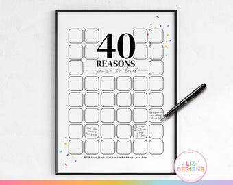 40th Birthday Signature Board Printable, 40 Reasons We Love You Birthday Gift, 40th Party Guestbook, Milestone Poster, Bday Message Board