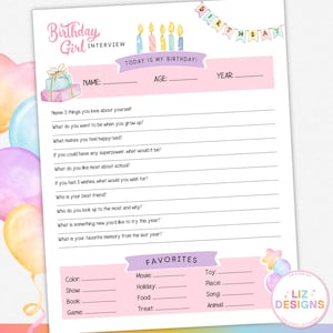 Birthday Girl Interview, Kids Bday Questions, Pink Printable Milestone Keepsake, Annual Birthday Journal, Printable Kids Questionnaire