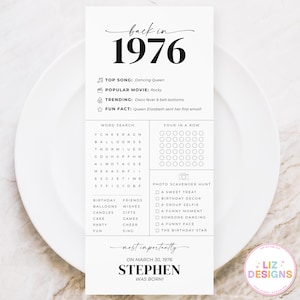 May include: A white paper print with the text "back in 1976" and a list of facts, including the top song, popular movie, and trending items. It also includes a word search, a four-in-a-row game, and a photo scavenger hunt.