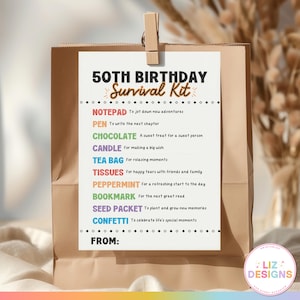 50th Birthday Survival Kit Tag, Funny Gag Gift for Friends, Printable Milestone Birthday Gift, Novelty Survival Kit Label, Party Favor