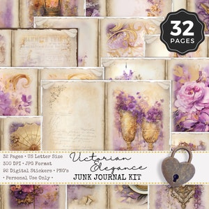 Vintage Lavender Flowers Junk Journal Kit, Purple Scrapbooking Supplies, Floral Lavender Printable Pages, Digital Ephemera Embellishments