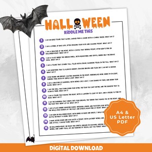 Halloween Riddle Me This Printable Party Game, Halloween Activities, Halloween Party Trivia Game for Kids and Adults