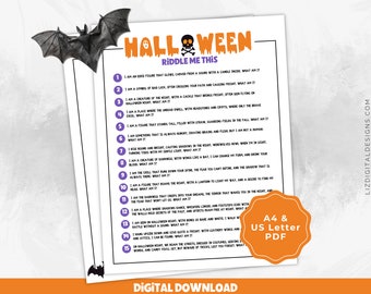 Halloween Riddle Me Este juego de fiesta imprimible, actividades de Halloween, juego de trivia de fiesta de Halloween para niños y adultos