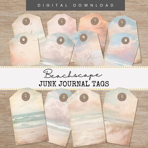 May include: Set of 12 digital junk journal tags featuring beach scenes with a vintage aesthetic. The tags are in various shades of blue, pink, and beige with images of seashells, sand, and ocean waves. The text "Beachescape Junk Journal Tags" is displayed on a banner.