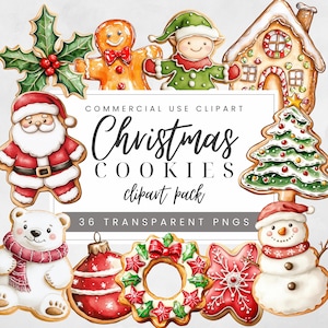Watercolor Christmas Cookies Clipart, Gingerbread Clip Art, Holiday Baking Transparent PNGs, Winter Clipart, Cookie for Santa
