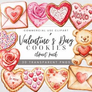 Watercolor Valentines Day Cookies Clipart, Sweets & Dessert Clip Art, Cute Food Graphics, Pink Hearts and Envelopes Images, Transparent PNG