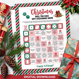 Weihnachtsrolle des Würfelgeschenks, druckbarer weißer Elefantentausch, Feiertagsfeieraktivität, Weihnachtsbürogeschenktausch, Gruppengeschenkspiel