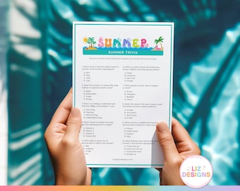 Juego de trivia de verano, juegos para fiestas en la piscina, juego imprimible para adultos y niños, reunión familiar, divertido cuestionario de verano