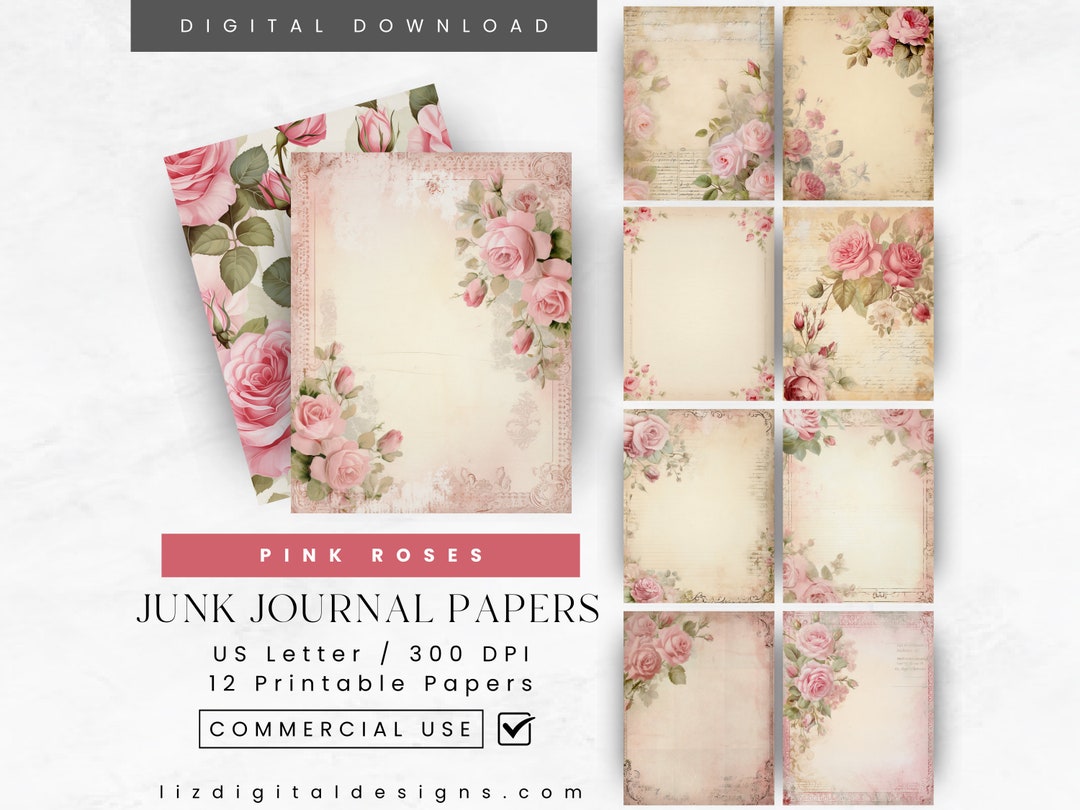 Vintage Shabby Chic Pink Roses Junk Journal Pages, Flowers, Printable ...