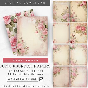 Vintage Shabby Chic Pink Roses Junk Journal Pages, Flores, Descarga digital imprimible, Páginas florales de Scrapbooking, Papel de álbum de recortes romántico