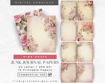 Vintage Shabby Chic Pink Roses Junk Journal Pages, Flowers, Printable Digital Download, Scrapbooking Floral Pages, Romantic Scrapbook Paper