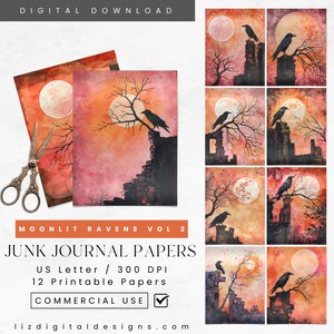 Black Raven Moon Junk Journal Pages, Gothic Raven Journal Digital Papers, Scrapbook Pages, Vintage Gothic Ephemera, Black Bird Collage Sheet