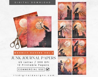 Black Raven Moon Junk Journal Pages, Gothic Raven Journal Digital Papers, Scrapbook Pages, Vintage Gothic Ephemera, Black Bird Collage Sheet