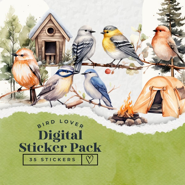 Bird Lover Digital Stickers, GoodNotes Planner Stickers, Bird Watching Illustrations, Everyday Pre-cropped Stickers, Digital Sticker Book