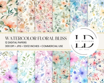 Abstract Watercolor Floral Digital Paper, Floral Paper Pack, Junk Journals Watercolor Scrapbook Paper, Flowers Journal Printable Papers
