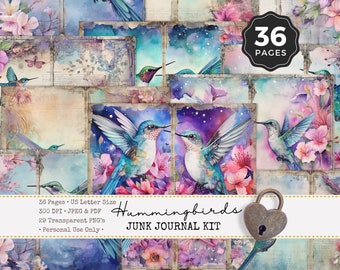 Hummingbird Junk Journal Kit, Scrapbook Paper Ephemera Journal Kits & Supplies, Vintage Florals Digital Paper Prints, Bird Ephemera