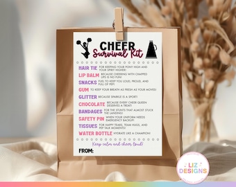 May include: A brown paper bag with a white card attached by a wooden clip. The card reads "CHEER Survival Kit" with a list of items like hair ties, lip balm, and snacks. The text "Keep calm and cheer loud!" is also visible.