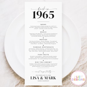 1965年結婚のお祝いにパーソナライズされた結婚記念日のテーブルセッティングカード、節目の記念日の装飾、楽しい豆知識の印刷物、トリビアの記念品