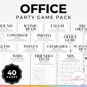 Może przedstawiać: Czarno-biały pakiet drukowanych gier imprezowych z 40 grami na imprezę biurową. Gry obejmują "Dookoła świata", "Ikony duetów", "Wyzwanie dla współpracowników", "Polowanie na skarby ze zdjęciami", "Śmiej się do rozpuku", "Prawda czy fałsz", "Jak bardzo jesteś guru biurowym", "Zgadnij emoji", "Co jest w twoim biurku", "Kto najlepiej zna szefa", "Charady wersja biurowa", "Przyjazna kłótnia wersja biurowa", "Polowanie na skarby wersja biurowa" i "Mix & Mingle Bingo".