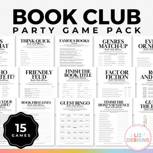 15 gier Book Club, zestaw aktywności do druku na spotkania Book Club, gra i dyskusja Icebreaker, quiz książkowy i bingo, gry imprezowe dla miłośników książek