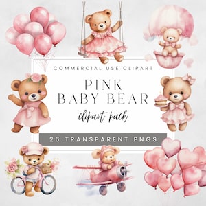 Clipart orsetto rosa / Clipart orsetto acquerello per ragazza / Clipart collezione orso acquerello con palloncini / Download digitale