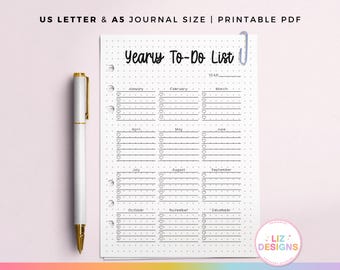 Lista de tareas anual imprimible, planificador A5 con cuadrícula de puntos, resumen del año, calendario anual en blanco, fechas importantes, calendario sin fecha.