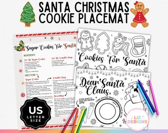 Op de afbeelding: Een Santa Christmas Cookie Placemat met kleurplaten en een recept voor suikerkoekjes. De placemat bevat de tekst "Cookies For Santa" en "Dear Santa Claus". Inclusief een US Letter formaat label.