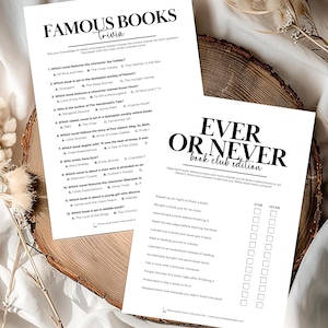 K&ouml;nnte beinhalten: Ein druckbares Spiel f&uuml;r Buchclub-Mitglieder. Das Spiel hei&szlig;t "Ever or Never: Book Club Edition". Das Spiel enth&auml;lt eine Liste von Fragen zu Buchclub-Gewohnheiten, wie z. B. "Die ganze Nacht wach geblieben, um ein Buch zu beenden" und "Den Buchclub ausgelassen, weil man das Buch nicht zu Ende gelesen hat". Die Spieler kreuzen f&uuml;r jede Frage "Ever" oder "Never" an.