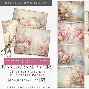 Documenti di diario spazzatura con fiori shabby chic, pagine di diario digitale con fiori vintage, oggetti effimeri stampabili rosa, lavoretti con la carta, forniture per album di ritagli