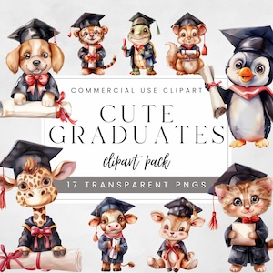 Niedliches Tier graduiert Clipart-Pack, Aquarell Abschluss Clip Art, entzückender Hund Katze Pinguin Kuh Giraffe mit Mütze und Mantel mit Diplom Bilder