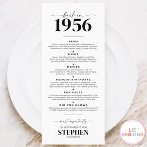 May include: A white card with black text detailing events from 1956, including news, music, and film releases. The card is on a white plate, with a marble effect background. The text includes the name "Stephen" and the date "September 12, 1956".