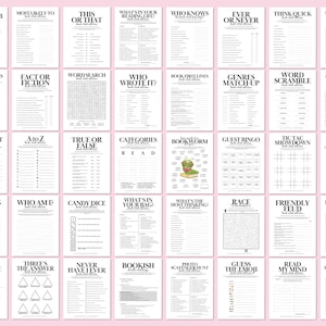 K&ouml;nnte beinhalten: Ein druckbarer Satz von 20 Buchclub-Spielideen, darunter "Most Likely To", "This or That", "What's in Your Reading List", "Who Knows", "Ever or Never", "Think Quick", "Match With Me", "Famous Books", "Fact or Fiction", "Word Search", "Who Wrote It?", "Book First Lines", "Genres Match-Up", "Word Scramble", "Charades", "Bucket List", "A to Z", "True or False", "Categories Read", "Bookworm", "Guest Bingo", "Tic Tac Toe Showdown", "Roll and Share", "Paperback", "Who Am I", "Candy Dice", "What's in Your Bag", "What's the Host Thinking", "Race", "Friendly Feud", "Laugh It Off", "Finish the Book Title", "Three's the Answer", "Never Have I Ever", "Bookish", "Photo Scavenger Hunt", "Guess the Emoji", "Read My Mind", und "Translate the Sentence".