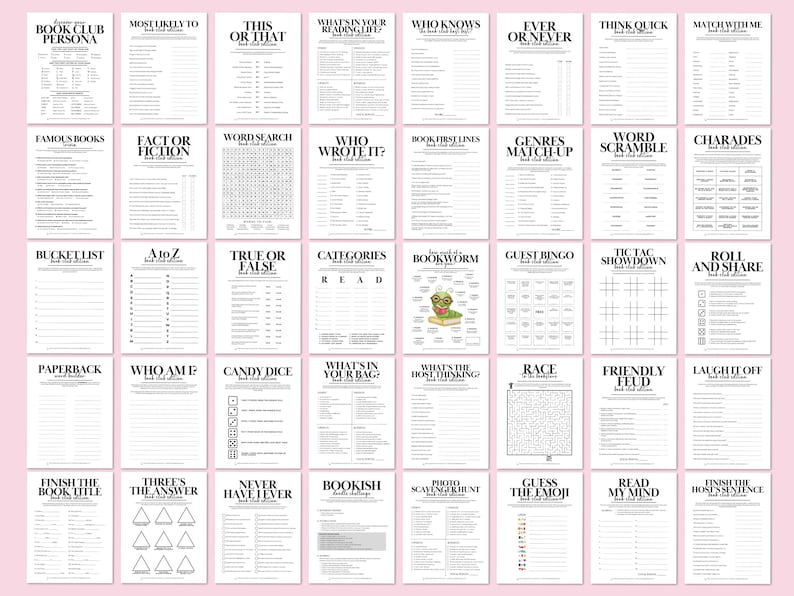 40 Book Club Games, Printable Book Club Meeting Activity Kit ...