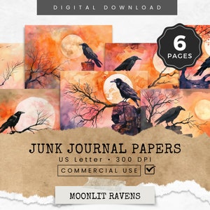 Ravens & Crows Junk Journal Digital Papers, Scrapbook Paper Kit, Gothic Witch Collage Decor, Halloween Paper Crafts, Vintage Bird Ephemera