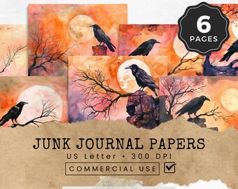 Papeles digitales de Ravens & Crows Junk Journal, kit de papel de álbum de recortes, decoración de collage de brujas góticas, artesanías de papel de Halloween, efímera de pájaros vintage
