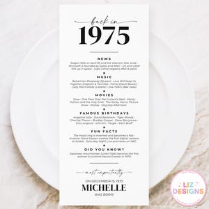 Personalisierte Geburtstagstisch-Platzkarte, geboren im Jahr 1975, Partydekor und Favor, benutzerdefiniertes Gedeck zum 50