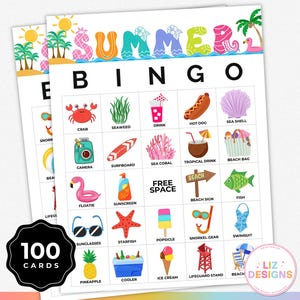 100 carte del Bingo estivo, Bingo estivo per bambini stampabile, spiaggia, festa in piscina, campeggio, attività in classe, gioco di società estivo, serata di giochi in famiglia