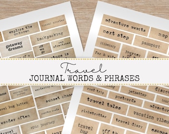Junk Journal Printable Travel Words and Phrases, Mixed Media, Paper Crafts, Art Journal, Vintage Ephemera, Embellishments, Card Making
