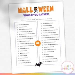 Halloween wil je liever spel, afdrukbare grappige Halloween-groepsfeestjes, familiespelavond, afdrukbare wil je liever vragen