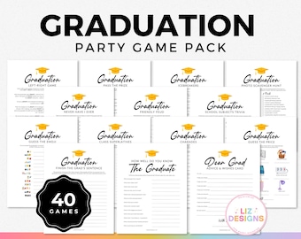 40 Graduation Party Games Bundle, Senior Grad Party for College & High School, Pass the Gift Game, Emoji Guessing Game, Graduate Quiz