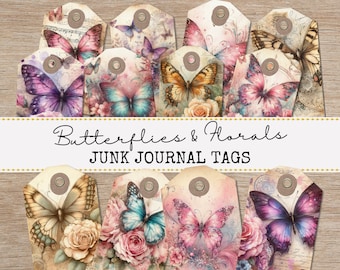 Etiquetas para Diário de Arte com Borboletas Florais, Enfeites de Borboletas para Imprimir, Kits para Diário de Arte com Borboletas Florais, Folhas para Colagem de Borboletas, Artesanato em Papel