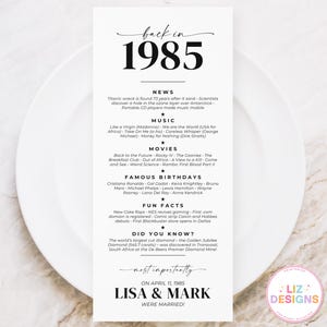 Spersonalizowana karta na rocznicę ślubu „Married in 1985”, dekoracja na rocznicę, ciekawostki do wydrukowania, pamiątkowa ciekawostka