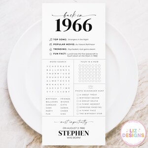 May include: A black and white printable birthday sign with the text "back in 1966". The sign includes a word search, a photo scavenger hunt, and a list of popular songs, movies, and trends from 1966. The name "Stephen" is also featured.