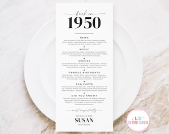 Personalized Back in 1950 Birthday Table Place Card, Born in 1950 Bday Party Decor and Favor, Custom 75th Birthday Place Setting Printable