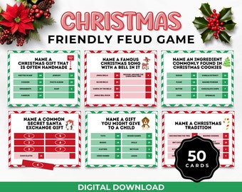 May include: A printable Christmas game with 50 cards featuring a green, red, and white color scheme. The cards have different categories such as "Name a Christmas gift that is often handmade", "Name a famous Christmas song with a bell in it", "Name an ingredient commonly found in Christmas cookies", "Name a common Secret Santa exchange gift", "Name a gift you might give to a child", and "Name a Christmas tradition".