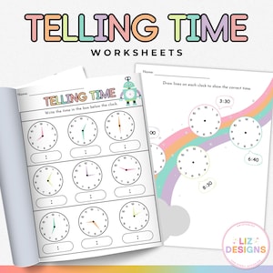 Telling Time Worksheets, Learn To Tell Time, Printable Activity Book, First Grade Homeschool Worksheet, Kids Match Clock Practice
